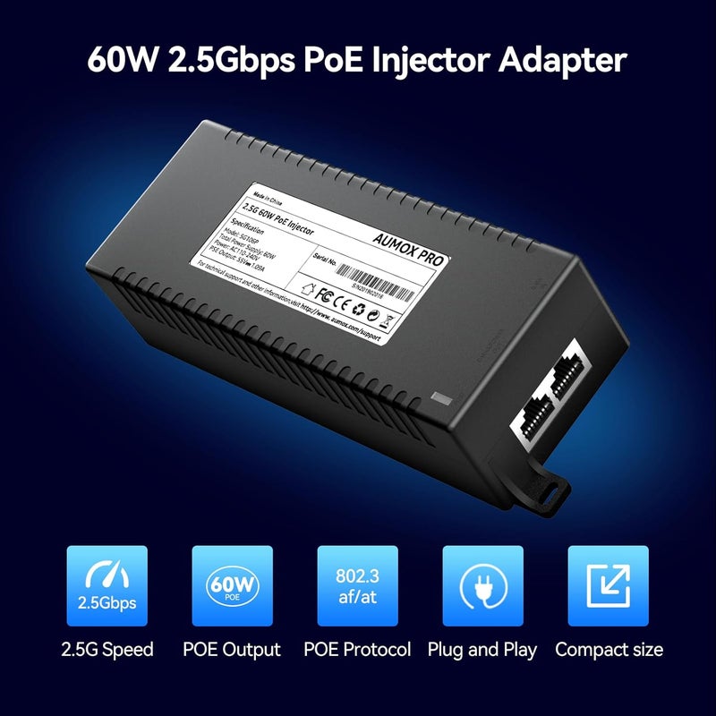 AUMOX PRO 2.5G PoE++ Injector 60W | Convert Non-PoE to PoE Adapter 10/100/1000/2500Mbps | 802.3af/at Compliant | Plug & Play | 100m (328ft) Range (2.5G 60W) - Image 2